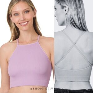 NWT Zenana Women's Ribbed Seamless Cropped Bralette Top Sz L/XL, Dusty Lavender